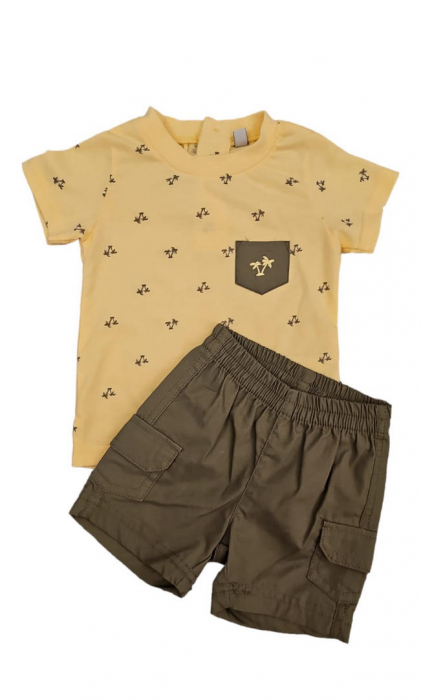 Set 2 piese pentru copii, tricou cu pantaloni scurti, galben-maro deschis, imprimeu palmieri, 6 luni [2]