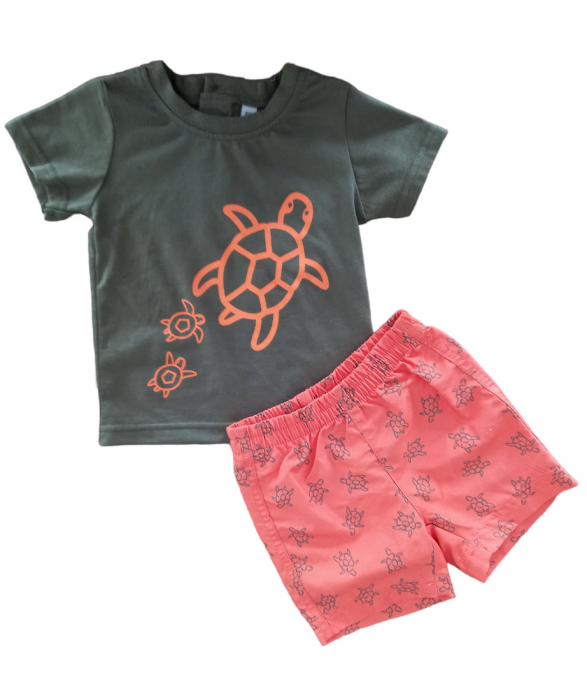 Set 2 piese pentru copii, tricou cu pantaloni scurti, kaki-portocaliu, imprimeu cu testoasa, 6 luni [2]