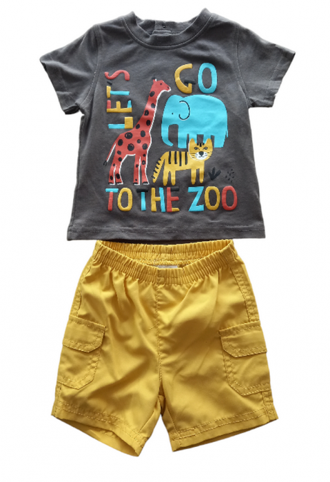 Set 2 piese pentru copii, tricou cu pantaloni scurti, maro-galben, imprimeu cu animalute, 6 luni [1]