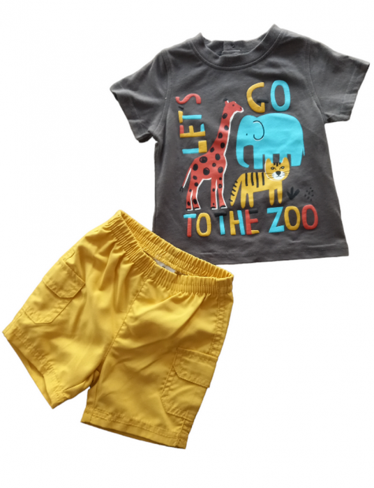 Set 2 piese pentru copii, tricou cu pantaloni scurti, maro-galben, imprimeu cu animalute, 6 luni [2]