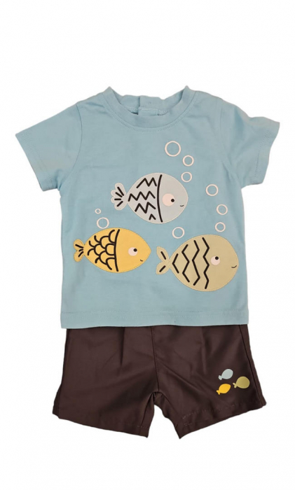 Set 2 piese pentru copii, tricou cu pantaloni scurti, multicolor, imprimeu pesti, 6 luni [2]