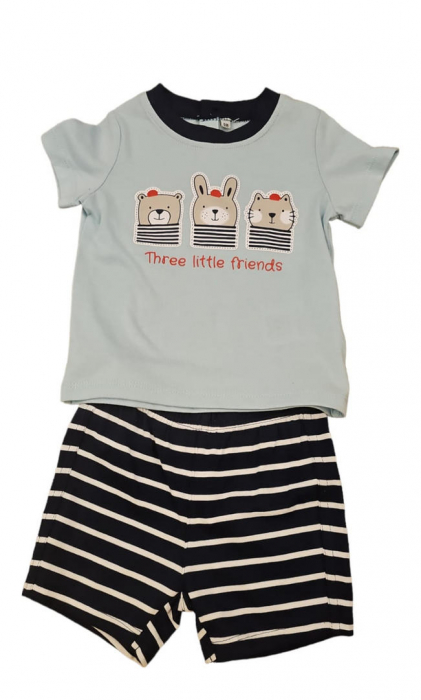 Set 2 piese pentru copii, tricou cu pantaloni scurti, vernil-bleumarin, Three little friends, 6 luni [2]