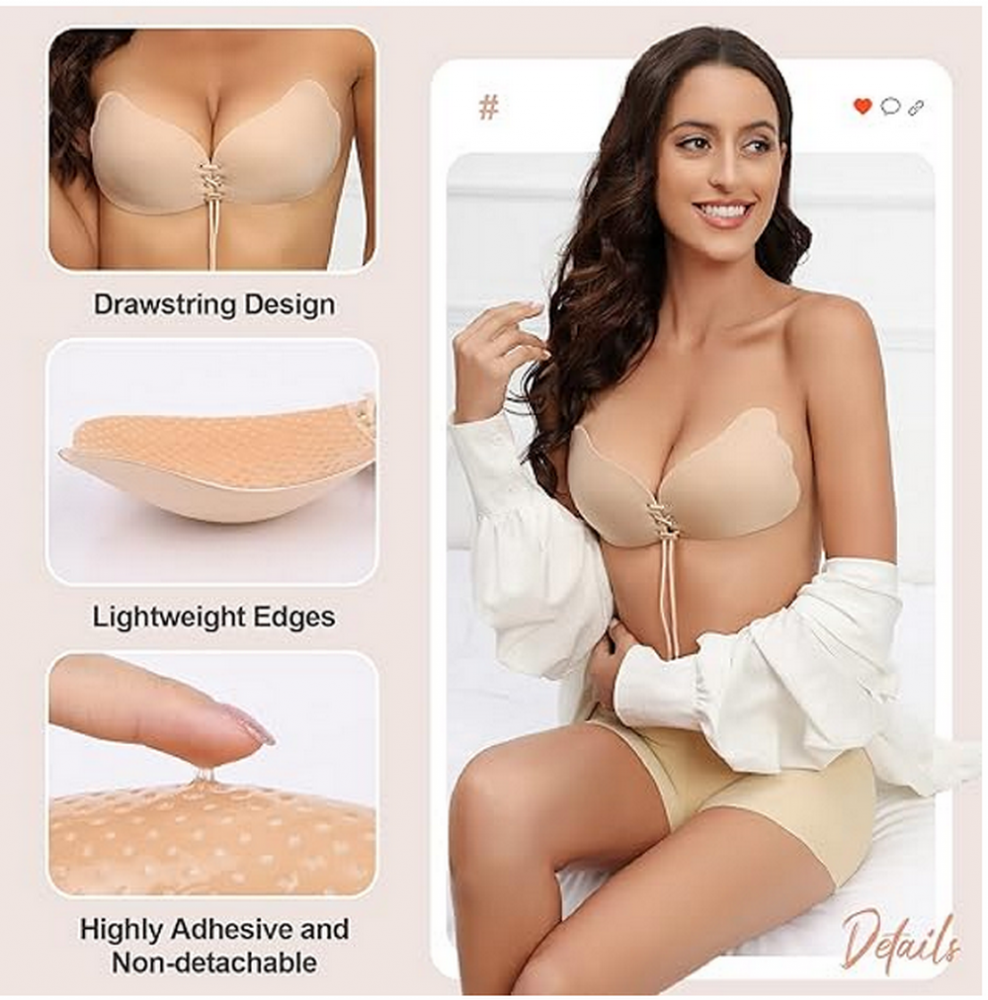 Set 2 Sutiene invizibile fără bretele Nadeer, Push-up cu șnur, adeziv, reutilizabil, ideal pentru rochii fără spate, nude si negru [2]