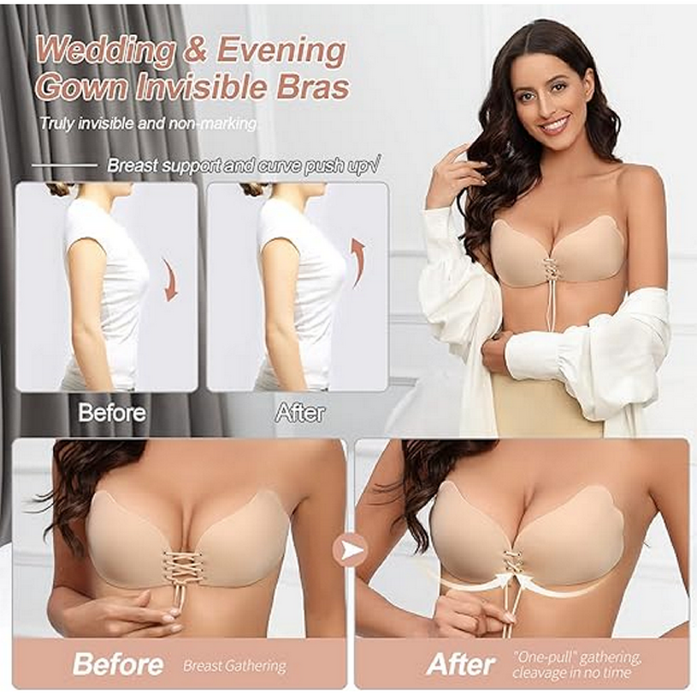 Set 2 Sutiene invizibile fără bretele Nadeer, Push-up cu șnur, adeziv, reutilizabil, ideal pentru rochii fără spate, nude si negru [3]