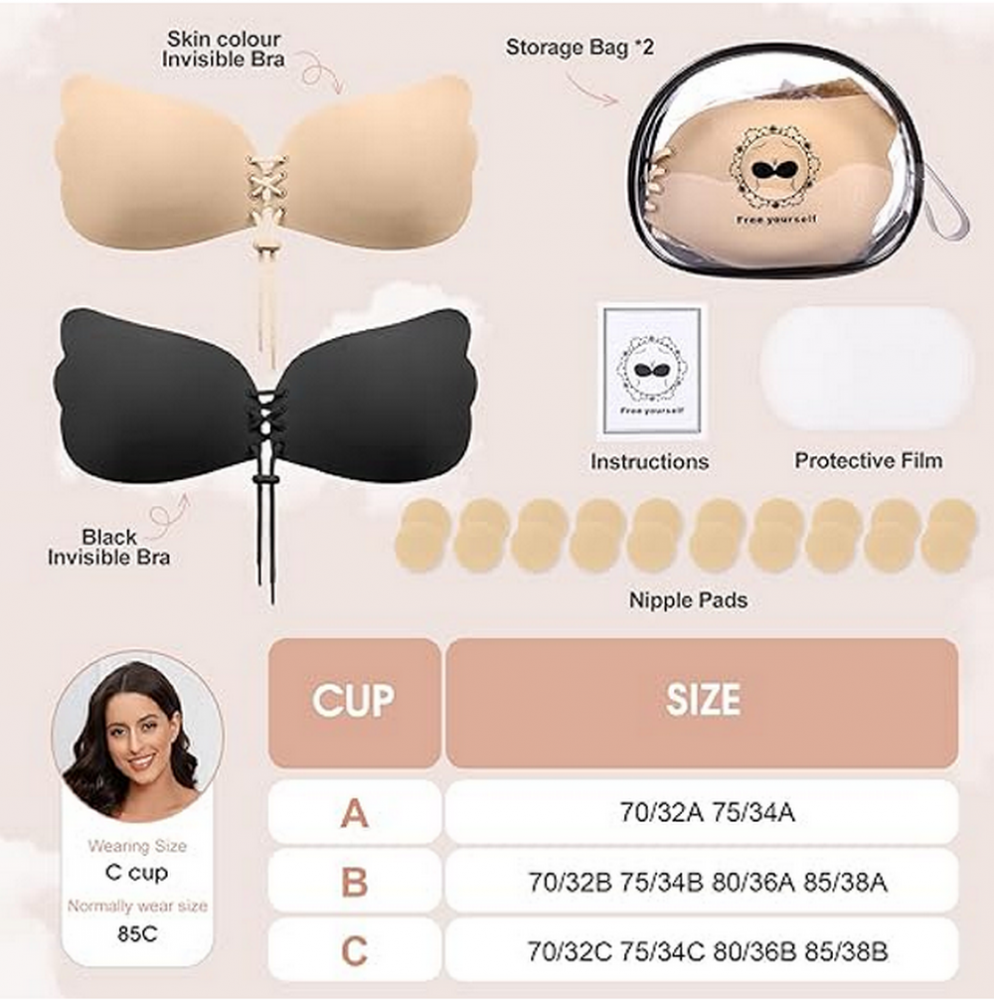 Set 2 Sutiene invizibile fără bretele Nadeer, Push-up cu șnur, adeziv, reutilizabil, ideal pentru rochii fără spate, nude si negru [5]