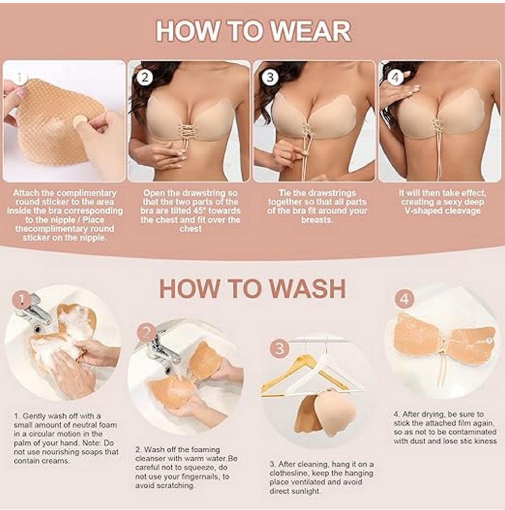 Set 2 Sutiene invizibile fără bretele Nadeer, Push-up cu șnur, adeziv, reutilizabil, ideal pentru rochii fără spate, nude si negru [4]