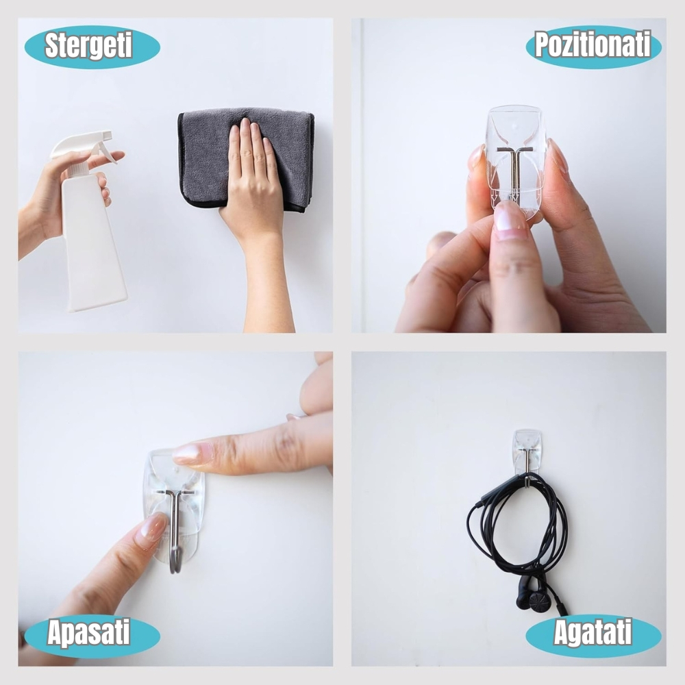 Carlige autoadezive transparente fara gauri in pereti set 20 cu benzi adezive pentru organizare [5]