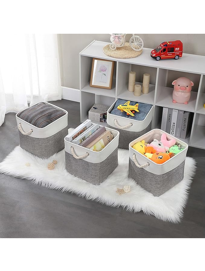 Set 3 Cutii de Depozitare, 33x33x33 cm, Gri-Alb, din Material Textil, cu Mânere din Frânghie de Bumbac [4]