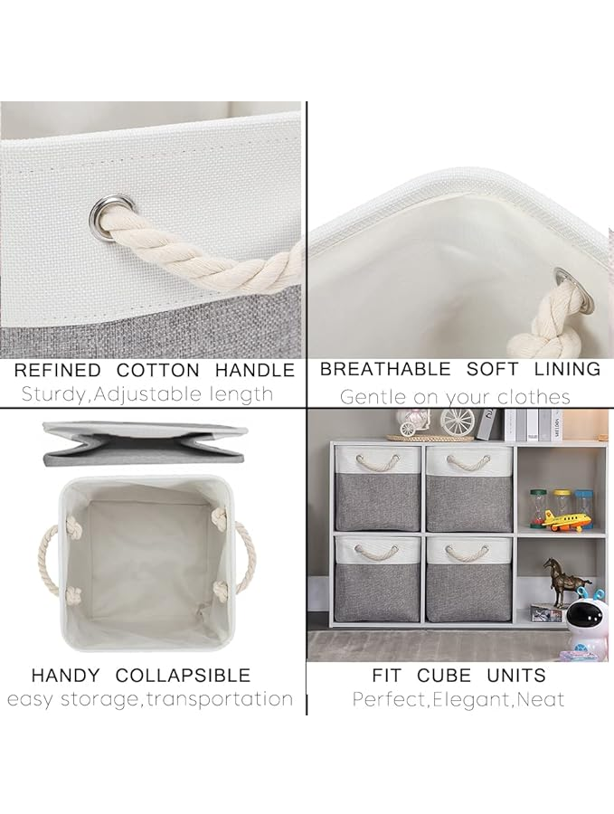 Set 3 Cutii de Depozitare, 33x33x33 cm, Gri-Alb, din Material Textil, cu Mânere din Frânghie de Bumbac [6]