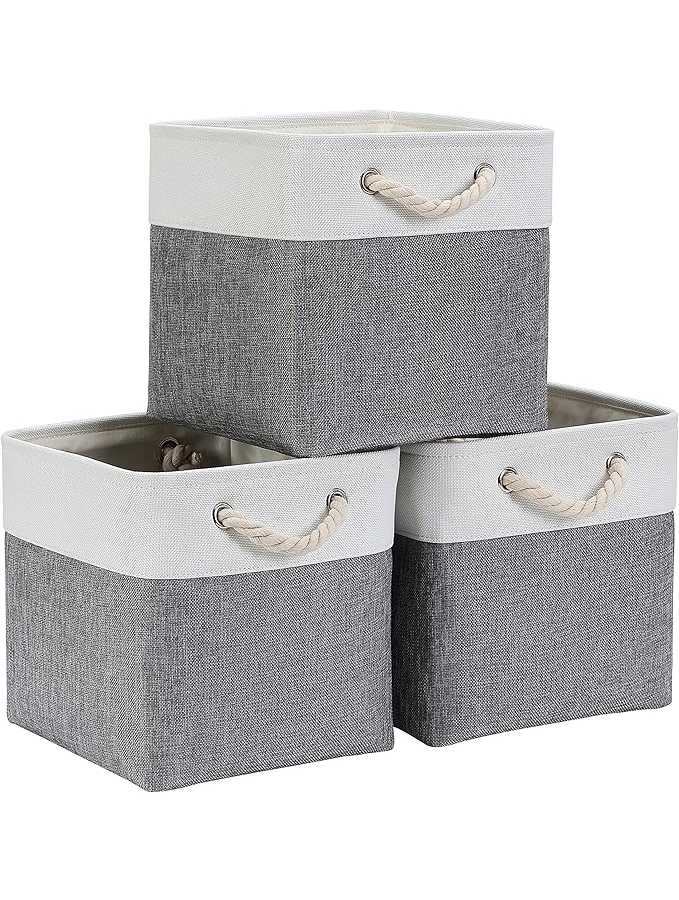 Set 3 Cutii de Depozitare, 33x33x33 cm, Gri-Alb, din Material Textil, cu Mânere din Frânghie de Bumbac [1]