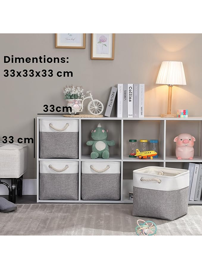 Set 3 Cutii de Depozitare, 33x33x33 cm, Gri-Alb, din Material Textil, cu Mânere din Frânghie de Bumbac [2]