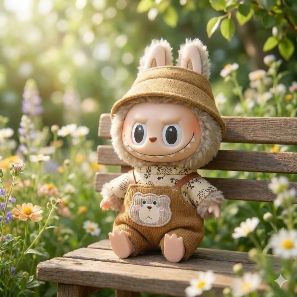 Set 3 haine pentru Labubu 17 cm pantaloni cu bretele camasa si sapca maro [3]