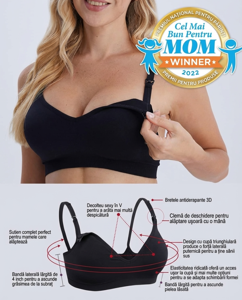 Set 3 Sutiene Alăptare, Fără Sârmă, Decolteu V, Acces Rapid Clip, Confort Maxim Sarcină și Postpartum, Cu Extensoare și Clipsuri, HOFISH, Negru, Marimea S [2]