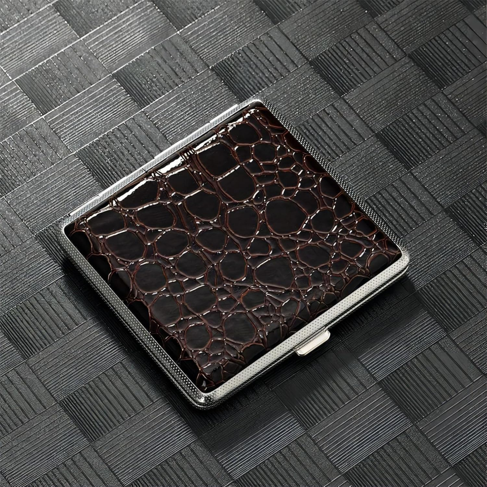 Set 3 Tabachere pentru 20 Țigări, Model Imitație Piele Crocodil, Negru, Maro, Roșu Închis, Carcasă Metalică Rezistentă, Design Elegant, Portabilă, Fără BPA [3]