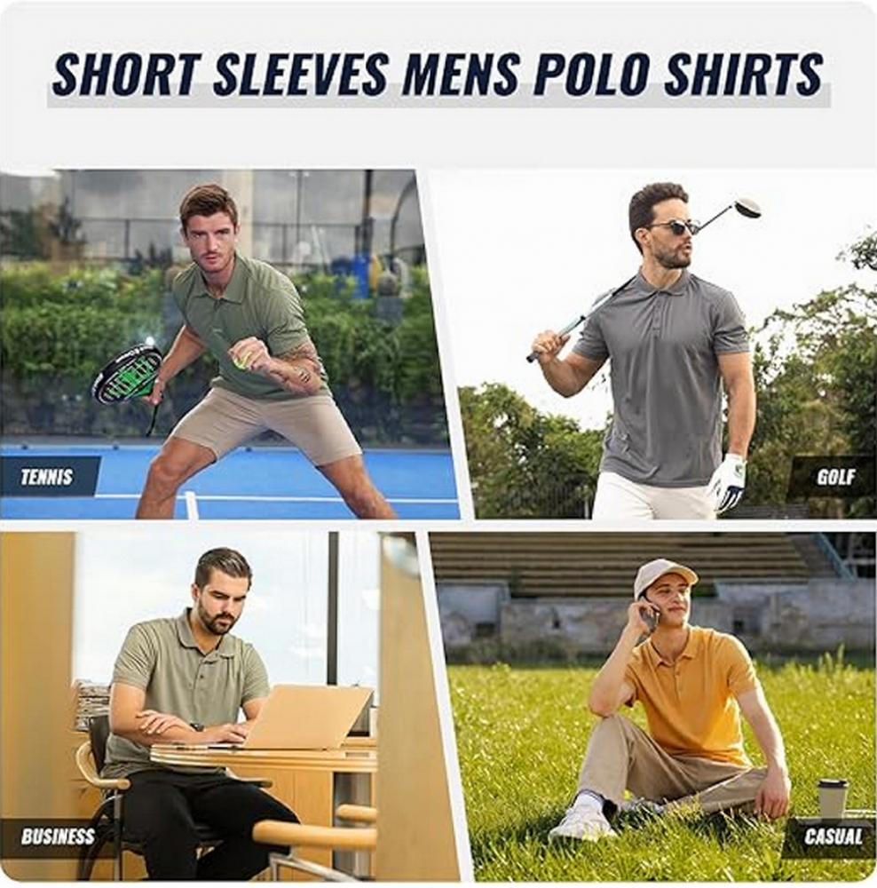 Set 3 tricouri polo barbati, maneca scurta, uscare rapida, respirabile si usoare, ideale pentru sport, ZENGVEE, Negru, Gri, Alb, marime S [5]