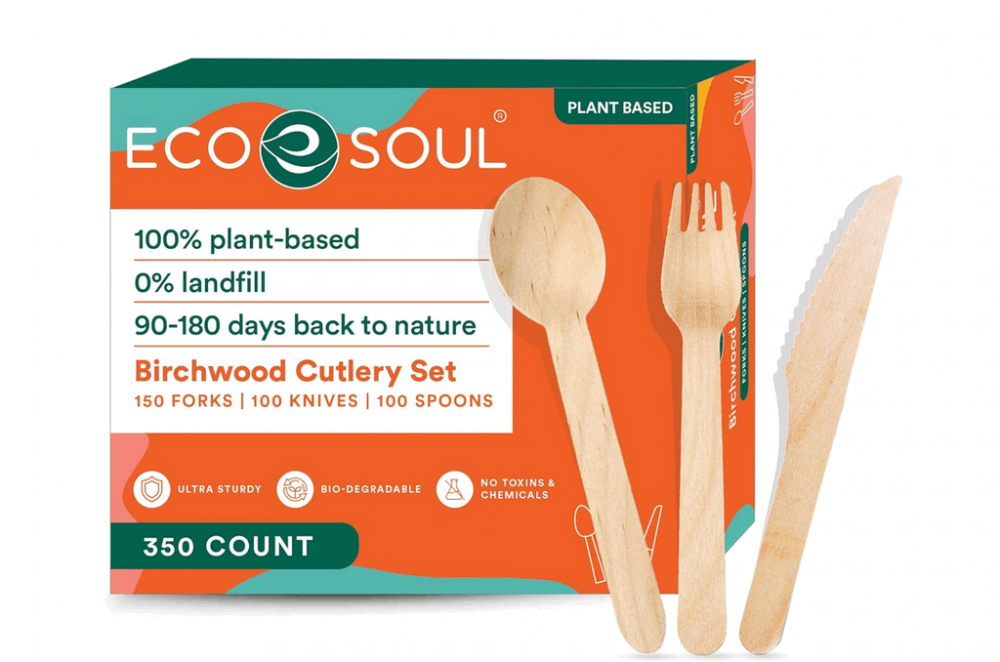 Set 350 Tacâmuri Compostabile din Lemn, Naturale, Rezistente, Biodegradabile , ECO SOUL , 150 furculite, 100 linguri si 100 cutite [1]