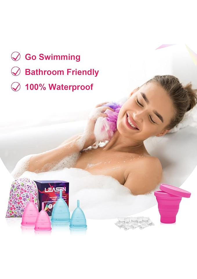 Set 4 cupe menstruale, marimi 2 marime S si 2 marime L, cu punga si sterilizator, din silicon, roz si albastru [5]