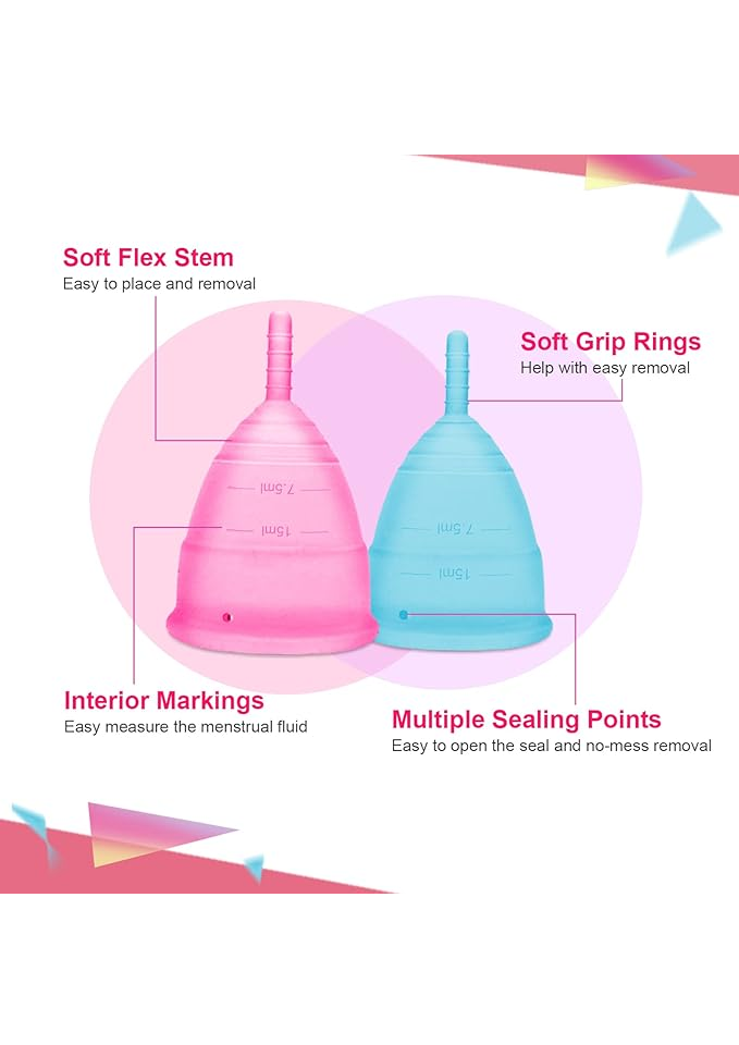 Set 4 cupe menstruale, marimi 2 marime S si 2 marime L, cu punga si sterilizator, din silicon, roz si albastru [3]
