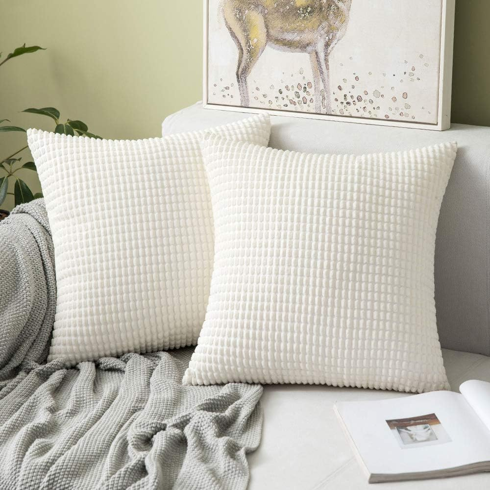 Set 4 Fețe de Pernă Decorative MIULEE 45x45 cm, Catifea Raiață (Corduroy) Super Moale, Alb Crem [2]