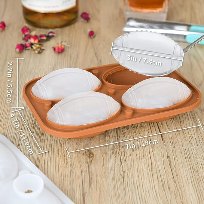 Set 4 Forme Cuburi Gheață 3D Minge Rugby, Koilox, Silicon Maro, BPA-Free, Ușor de Umplut și Curățat, 5,5 cm, Pentru Whisky, Cocktail, Suc , Rezistente la Mașina de Spălat Vase [4]