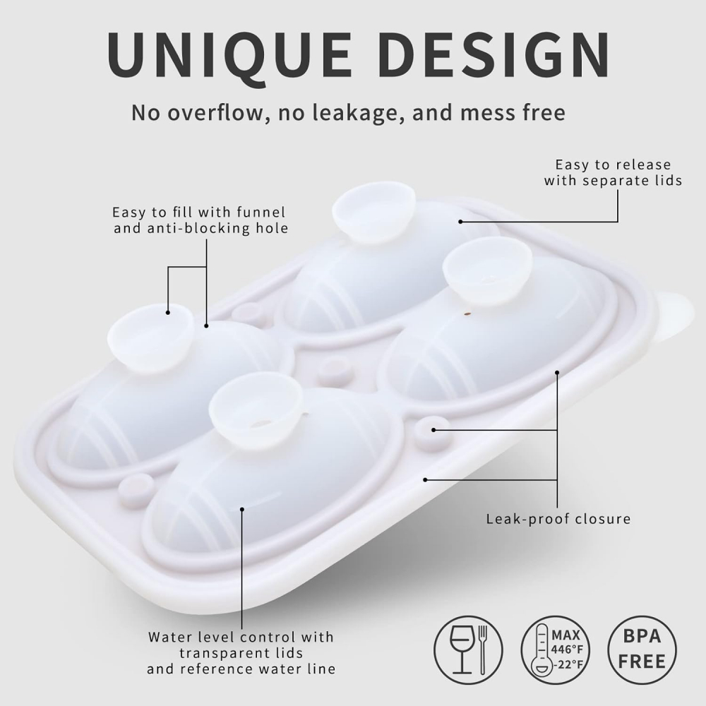 Set 4 Forme Cuburi Gheata 3D Minge Rugby, Koilox, Silicon Negru, BPA-Free, Usor de Umplut si Curatat, 5, 5 cm, Pentru Whisky, Cocktail, Suc, Rezistente la Masina de Spalat Vase [2]
