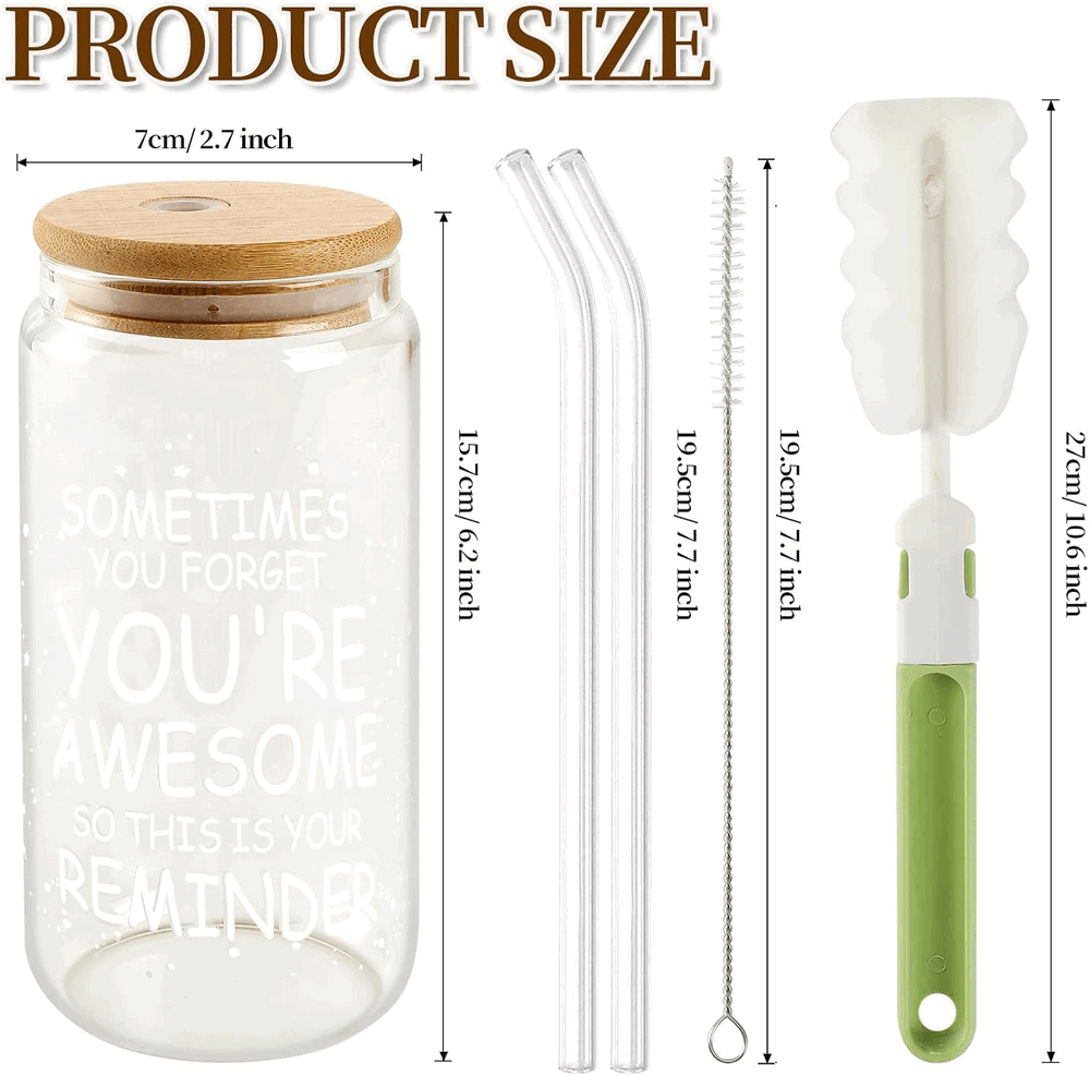 Set 4 pahare cu paie si perii curatare, Milaloko, Capac din bambus, material din sticla, 4x500ml, poate rezista la -20°C pana la 150°C, fara plumb si BPA, margini netede, poate fi folosit pentru cola, [3]