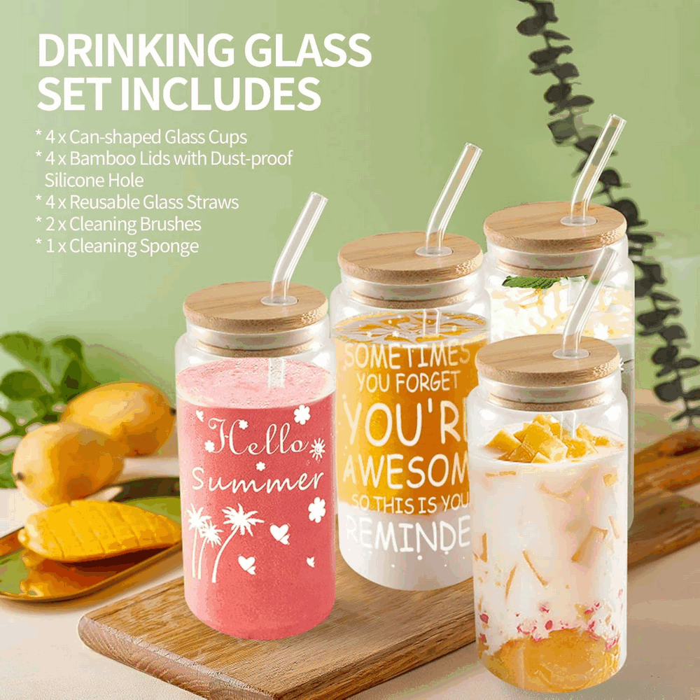Set 4 pahare cu paie si perii curatare, Milaloko, Capac din bambus, material din sticla, 4x500ml, poate rezista la -20°C pana la 150°C, fara plumb si BPA, margini netede, poate fi folosit pentru cola, [2]