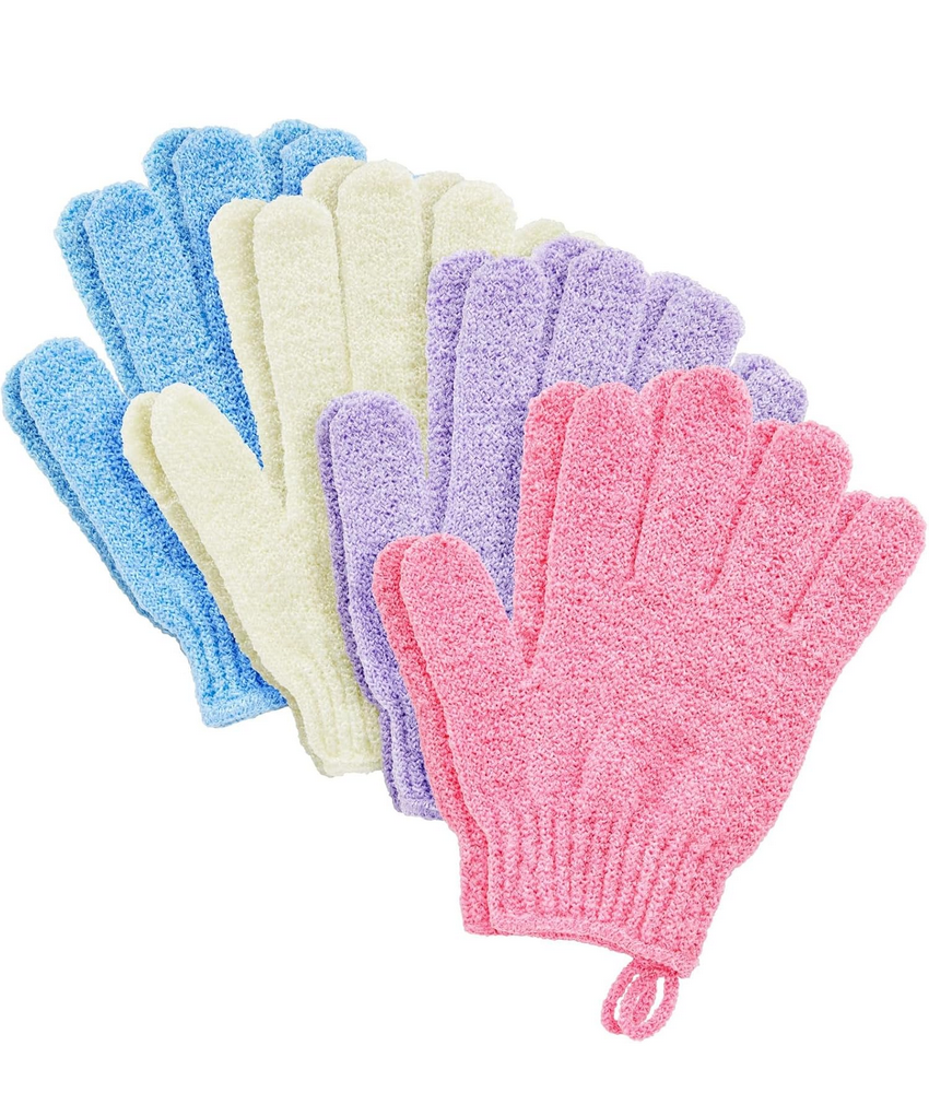 Set 4 Perechi Manusi Exfoliante pentru Dus, Ideale pentru exfoliere delicata, curatare si masaj – Roz, Mov, Albastru, Bej [1]