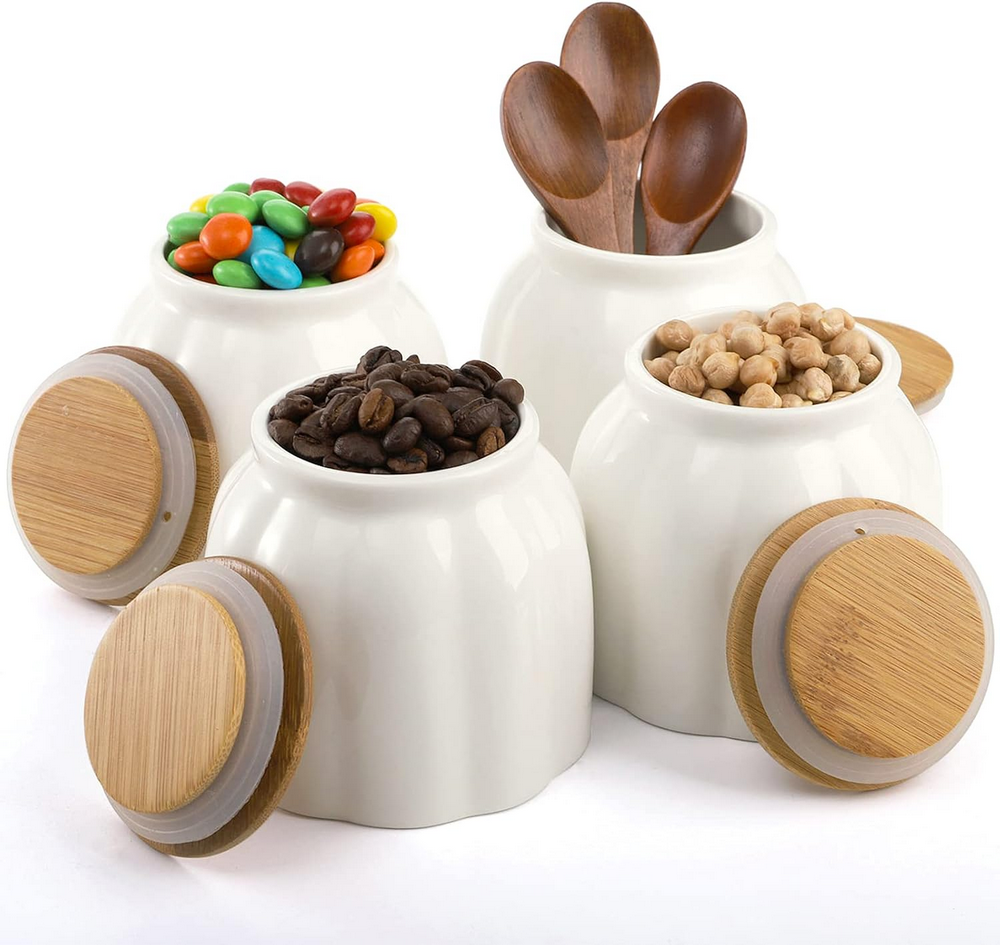 Set 4 Recipiente Ceramice pentru Depozitarea Alimentelor DEAYOU, 280 ml, cu Capace din Bambus Etanșe, Design în Formă de Dovleac, Alb [3]