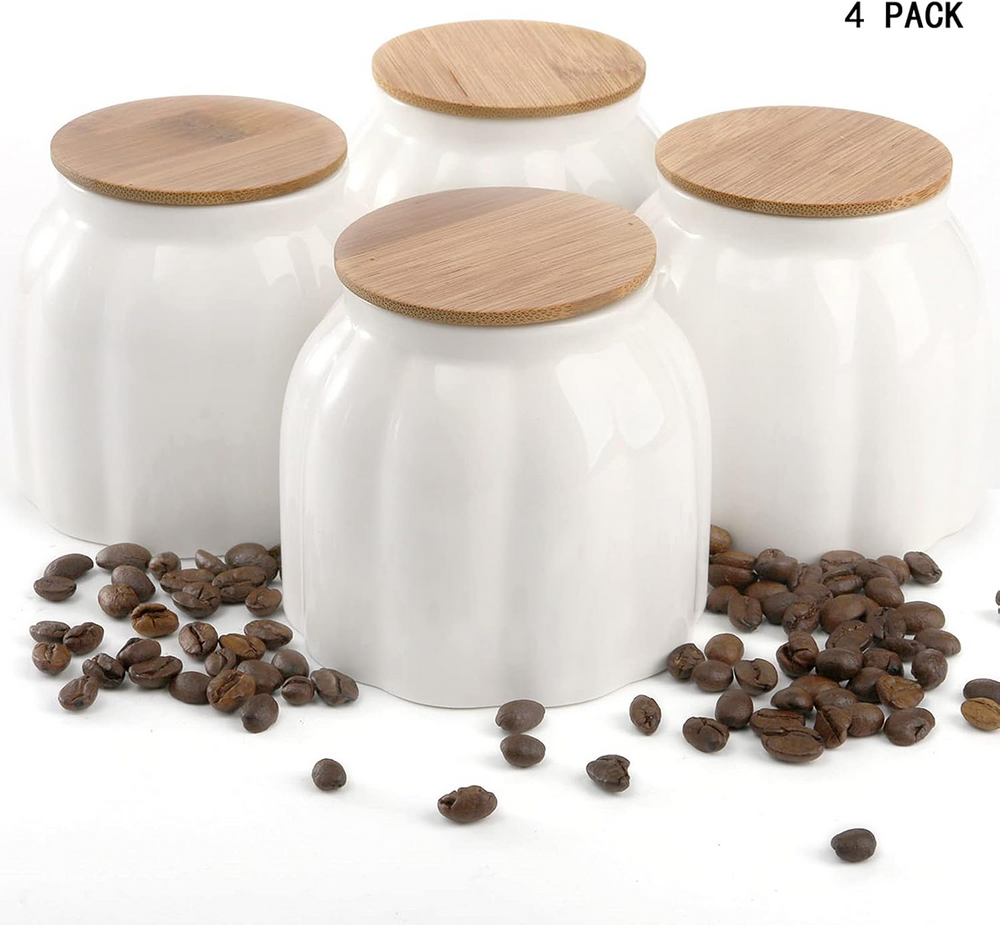 Set 4 Recipiente Ceramice pentru Depozitarea Alimentelor DEAYOU, 280 ml, cu Capace din Bambus Etanșe, Design în Formă de Dovleac, Alb [2]
