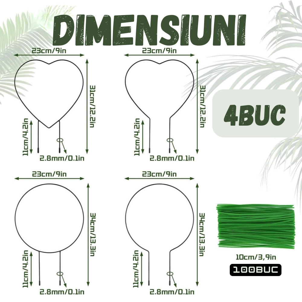 Set 4 suporturi metalice pentru plante, model rotund si inimia, cu 100 accesorii prindere, 23 x 34 cm [3]
