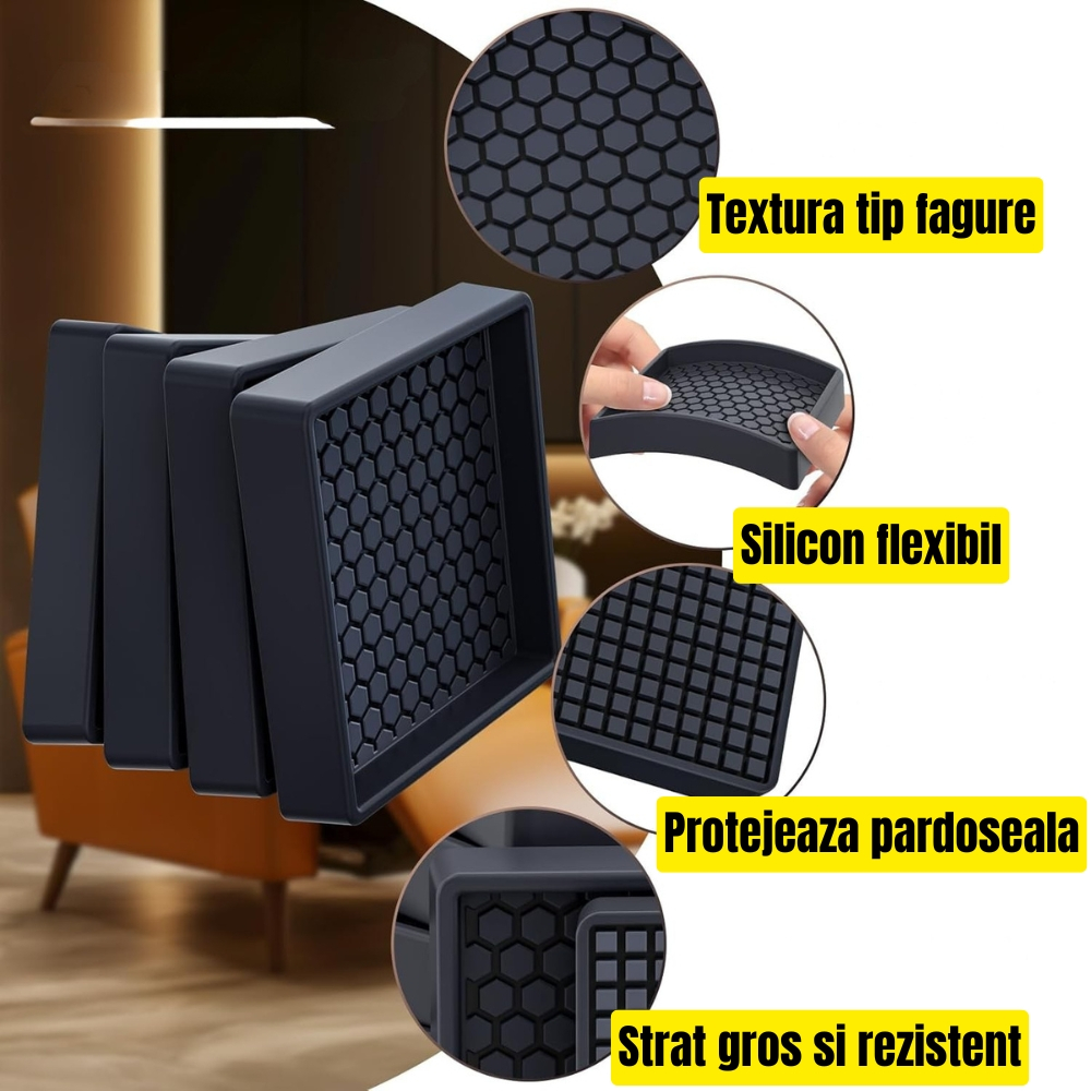 Set 4 suporturi mobilier silicon antialunecare 57x57mm protectie podea fara ventuze [4]