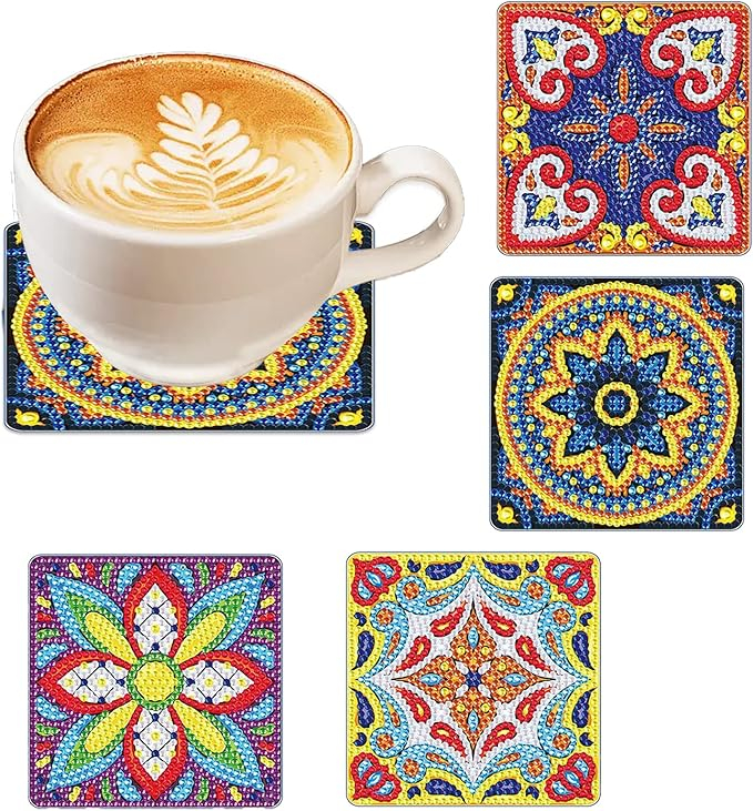 Set 4 Suporturi pentru Pahare cu Pictură Diamant, Kit DIY pentru Începători, Adulți și Copii, Artă și Decorațiuni pentru Crăciun, HPSY [3]