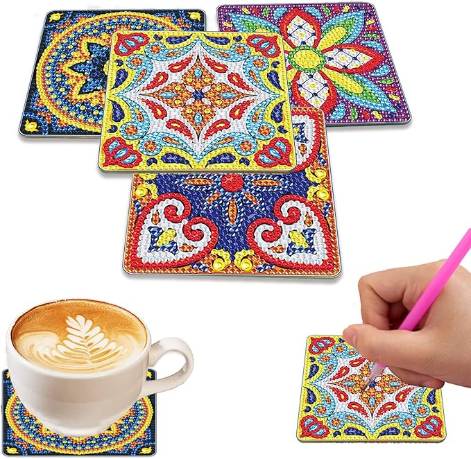 Set 4 Suporturi pentru Pahare cu Pictură Diamant, Kit DIY pentru Începători, Adulți și Copii, Artă și Decorațiuni pentru Crăciun, HPSY [2]