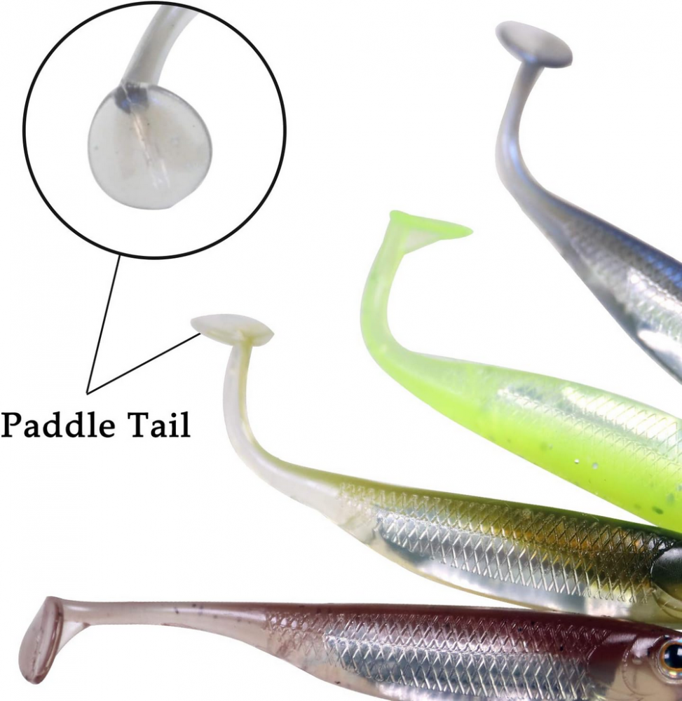 Set 6 Naluci soft QualyQualy – model paddle tail, argintiu/mov, ideale pentru pescuit la stiuca, biban, pastrav, bass [4]