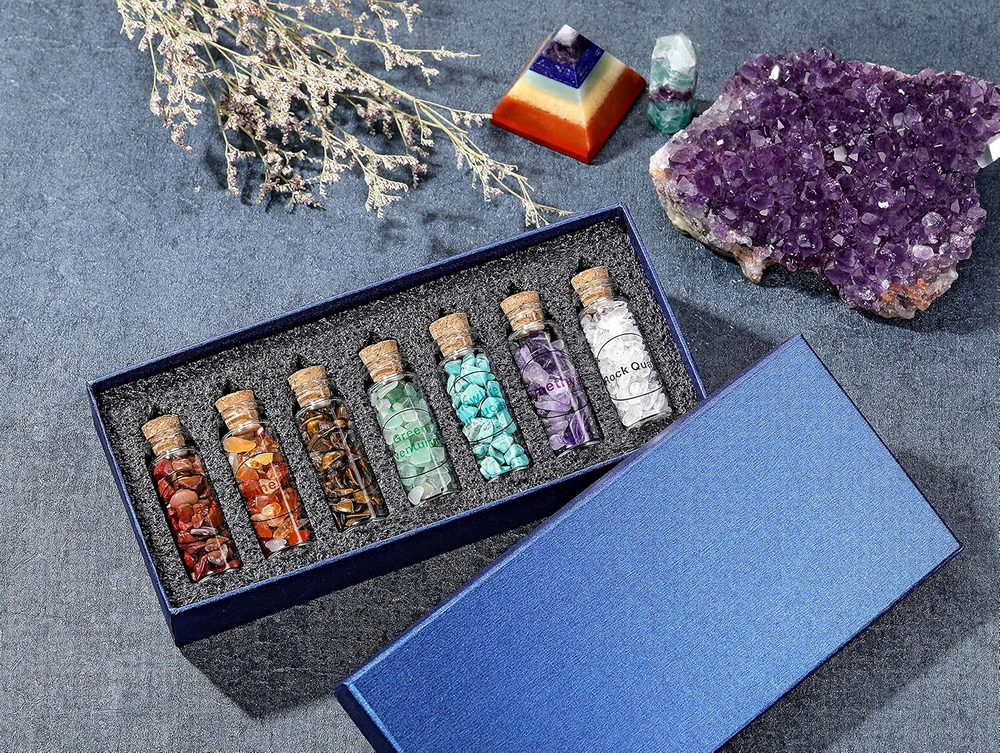 Set 7 Mini Sticlute din Sticla cu Pietre Semipretioase, Decor Feng Shui, Reiki, Chakra, cu Cutie [2]