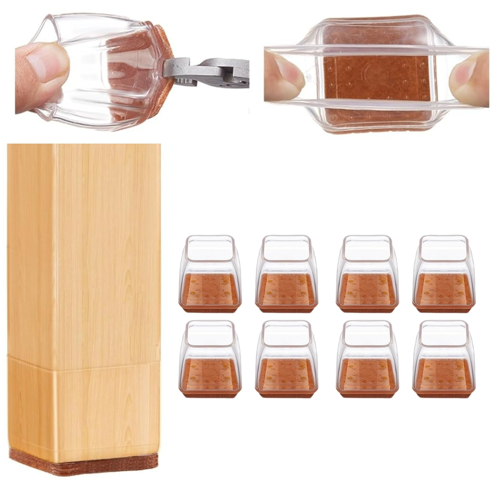 Set 8 protectii picioare scaun patrate 26x26 mm cu pasla, capace transparente anti zgarieturi pentru parchet [1]