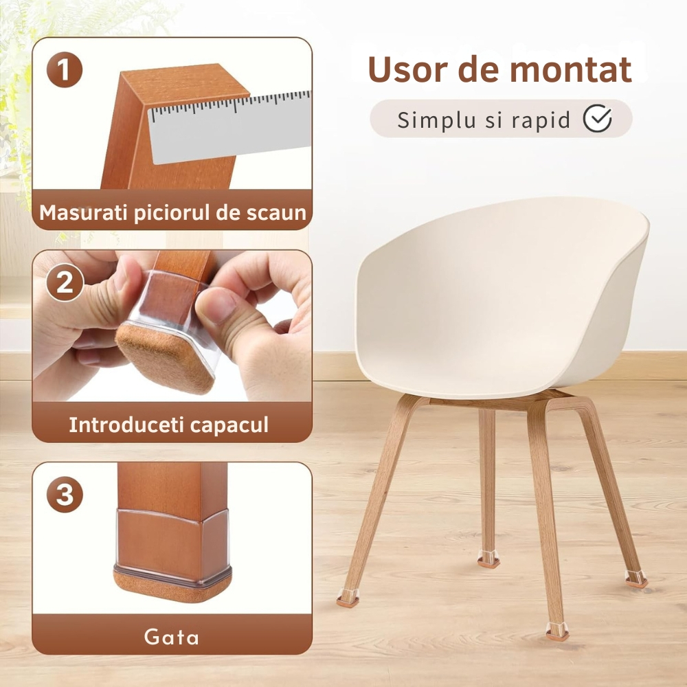 Set 8 Protectii picioare scaun, Dreptunghi 28-34 x 18-21 mm, Elastice, cu Pasla, capace transparente anti-zgariere pentru parchet [7]
