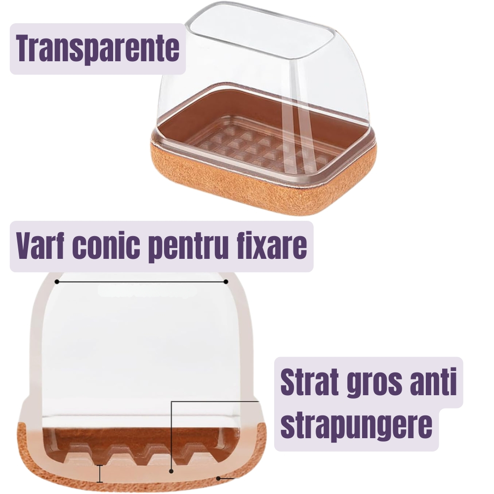 Set 8 Protectii picioare scaun, Dreptunghi 35-40 x 18-21 mm, Elastice, cu Pasla, capace transparente anti-zgariere pentru parchet [5]