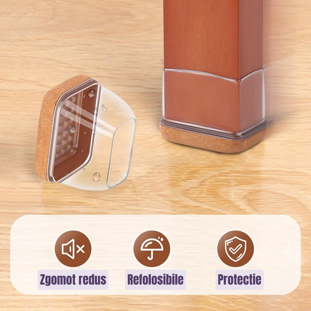 Set 8 Protectii picioare scaun, Dreptunghi 28-34 x 18-21 mm, Elastice, cu Pasla, capace transparente anti-zgariere pentru parchet [6]