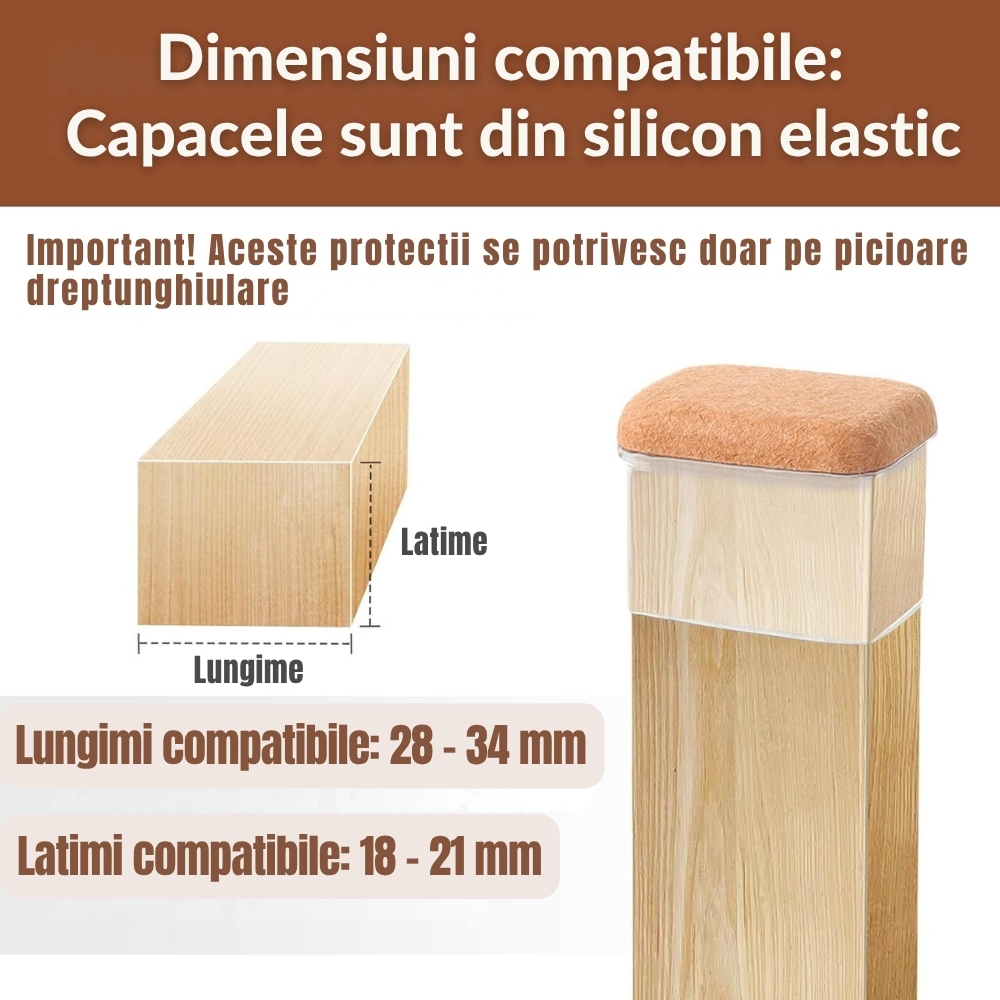Set 8 Protectii picioare scaun, Dreptunghi 28-34 x 18-21 mm, Elastice, cu Pasla, capace transparente anti-zgariere pentru parchet [2]