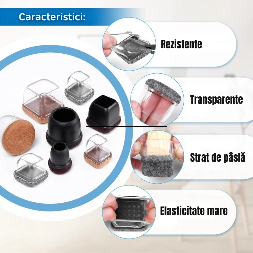 Set 8 Protectii picioare scaun, Patrate 23-28mm cu Pasla, capace transparente anti-zgariere pentru parchet [3]