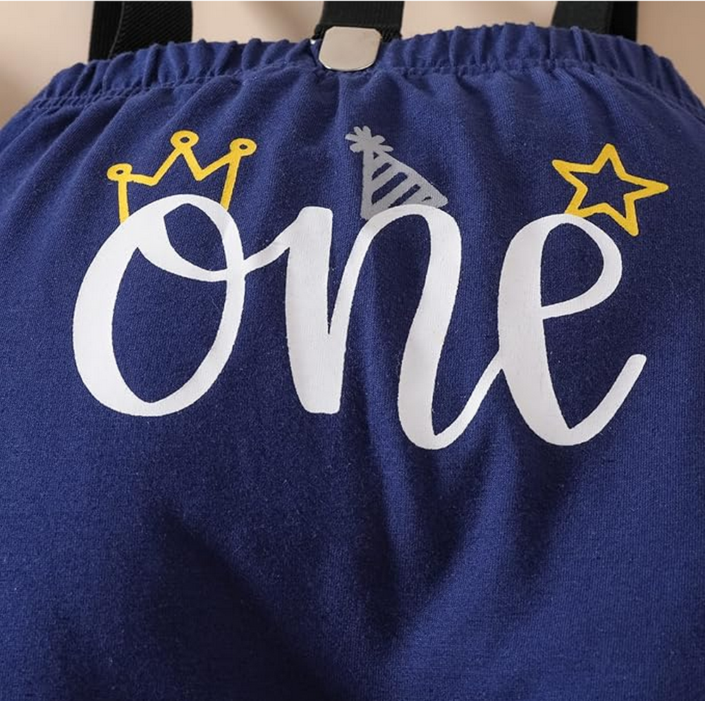 Set aniversar 1 an, body alb maneca scurta cu papion, pantaloni scurti bleumarin si bretele, One [3]