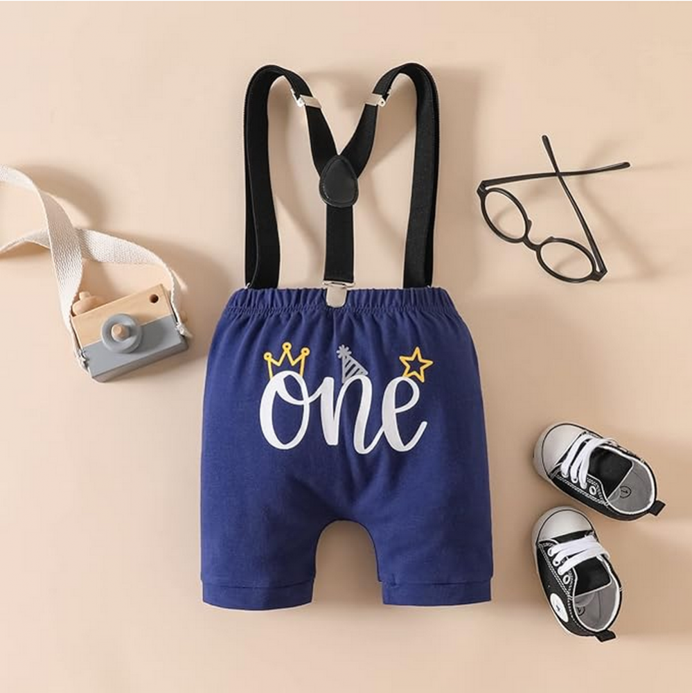 Set aniversar 1 an, body alb maneca scurta cu papion, pantaloni scurti bleumarin si bretele, One [2]