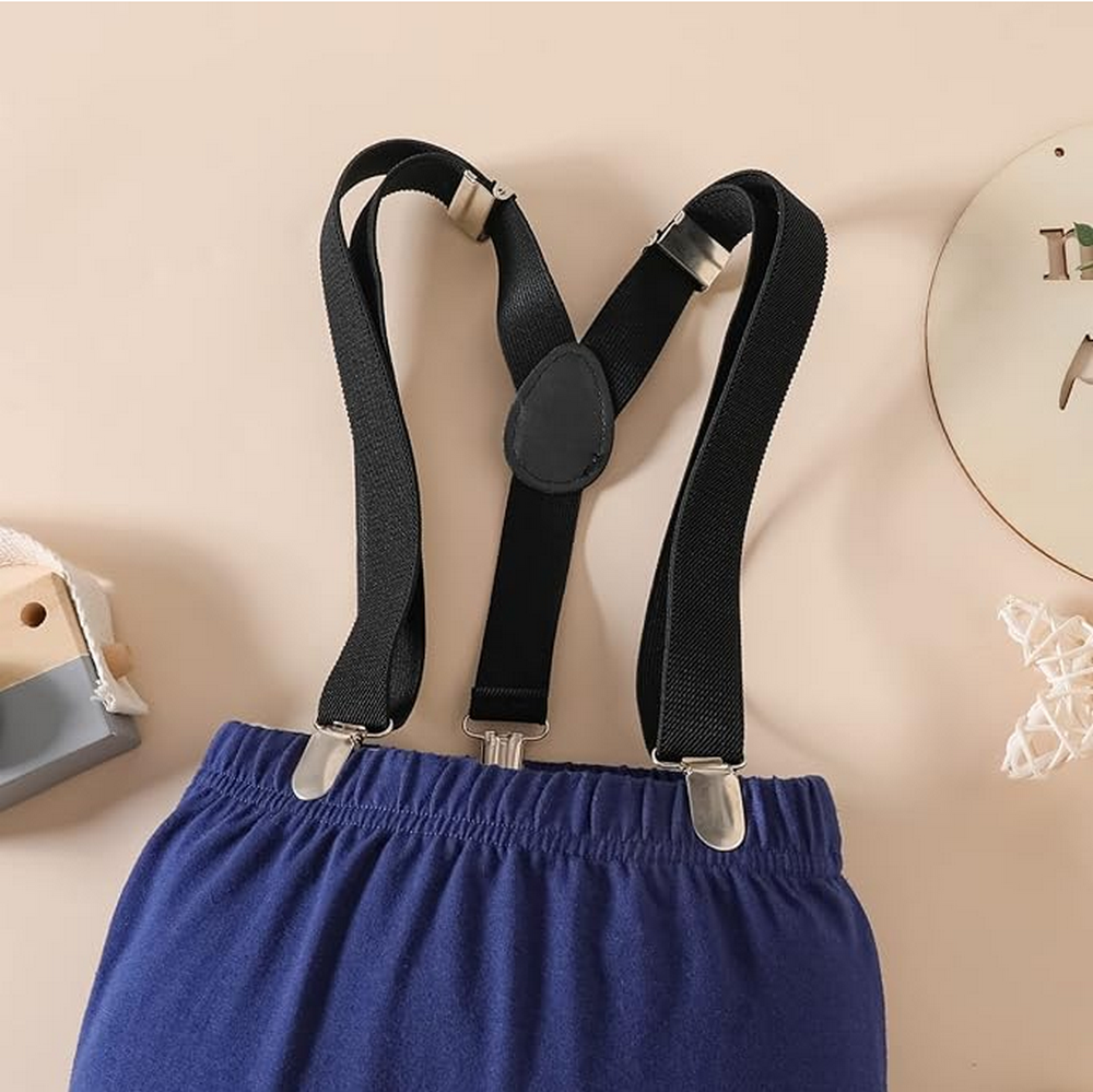 Set aniversar 1 an, body alb maneca scurta cu papion, pantaloni scurti bleumarin si bretele, One [6]