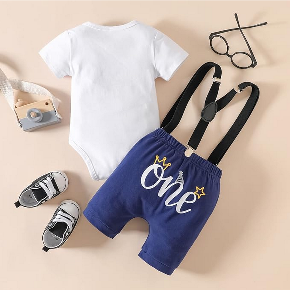 Set aniversar 1 an, body alb maneca scurta cu papion, pantaloni scurti bleumarin si bretele, One [4]