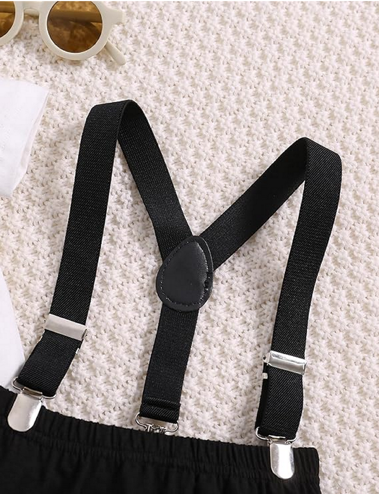 Set aniversar 1 an, body alb maneca scurta cu papion, pantaloni scurti negri si bretele, Wild One [6]