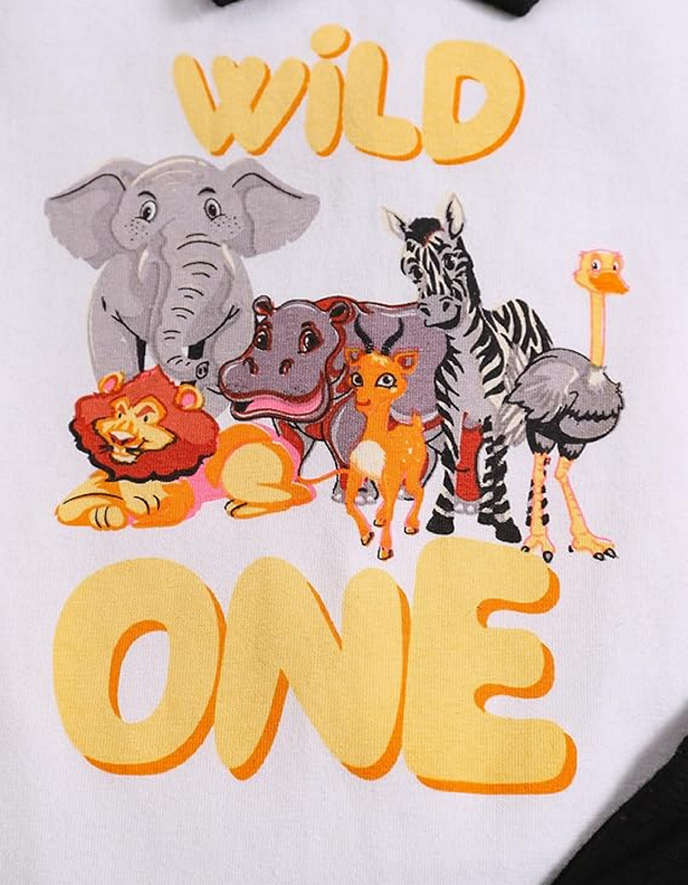 Set aniversar 1 an, body alb maneca scurta cu papion, pantaloni scurti negri si bretele, Wild One [3]