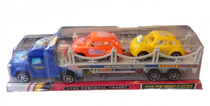 Set camion trailer de jucarie pentru transport de masinute, cu 2 masini din plastic, Deluxe Super Truck, multicolor [2]