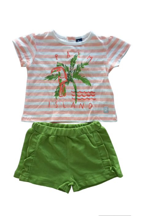 Set Compleu de vara cu pantaloni scurti , model palmier, Street Monkey, alb-roz-verde, 6-9 luni, 68-74 cm [2]